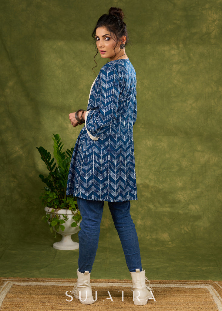 Boho Chic Indigo Blue Shrug With Vibrant Print & Whimsical Laces