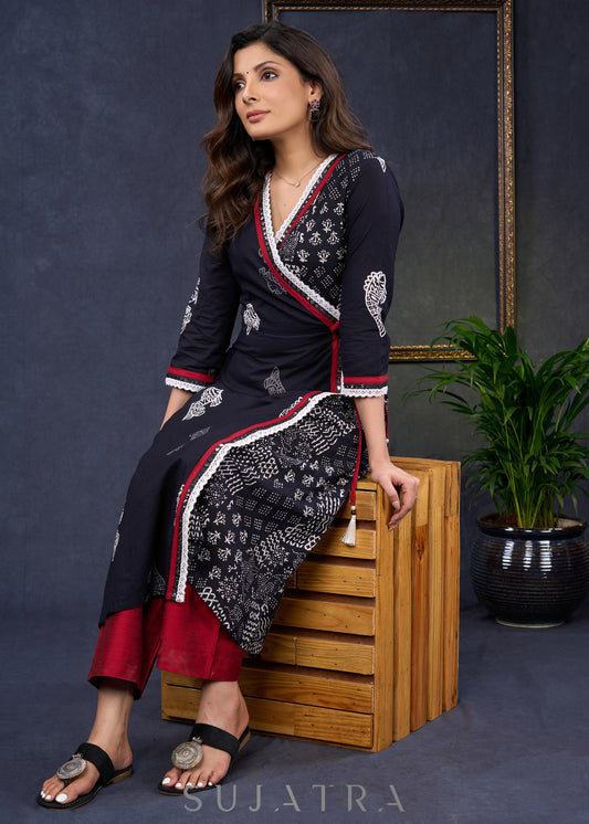 Exclusive-Black-Cotton-Natural-Print-A-Line-Kurta-Highlighted-With-Contrast-Laces--Pant-Optional