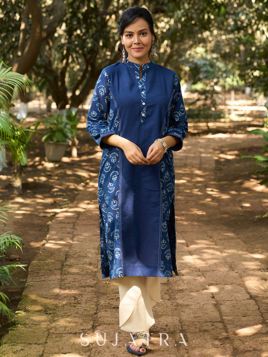 Indigo Allure Straight Kurta with Side Panels & Sleeves Adorned with Delicate Kantha Stitch detailing on Princess Line and Sleeves