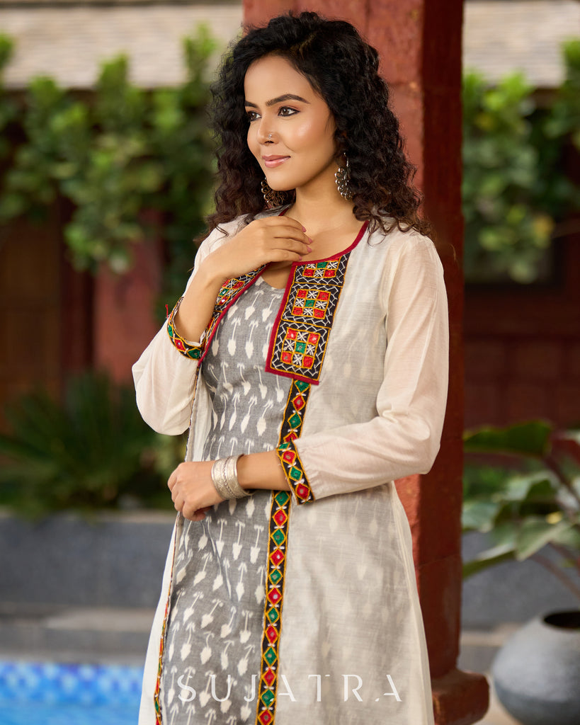 Minimalist Grey Ikat Sleeveless Dress - Mirror Work Jacket Additional