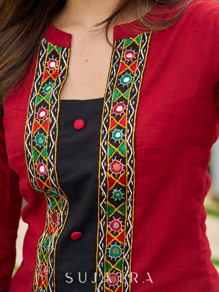 Beautiful maroon cotton kurta highlighted with traditional Kutch mirror embroidery-pant optional