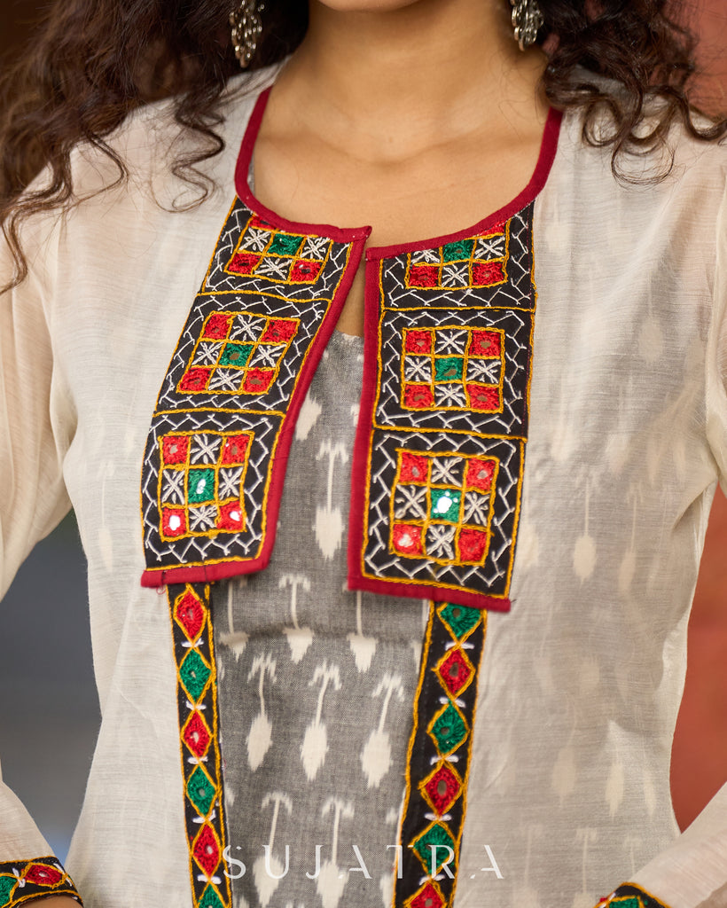 Minimalist Grey Ikat Sleeveless Dress - Mirror Work Jacket Additional