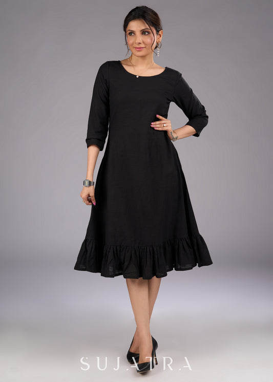 Sophisticated Black Cotton Dress with Frill Hem - Ajrakh patchwork jacket optional