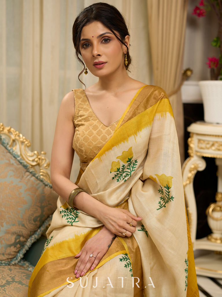 Exclusive pure tusser silk floral printed saree with mustard pallu