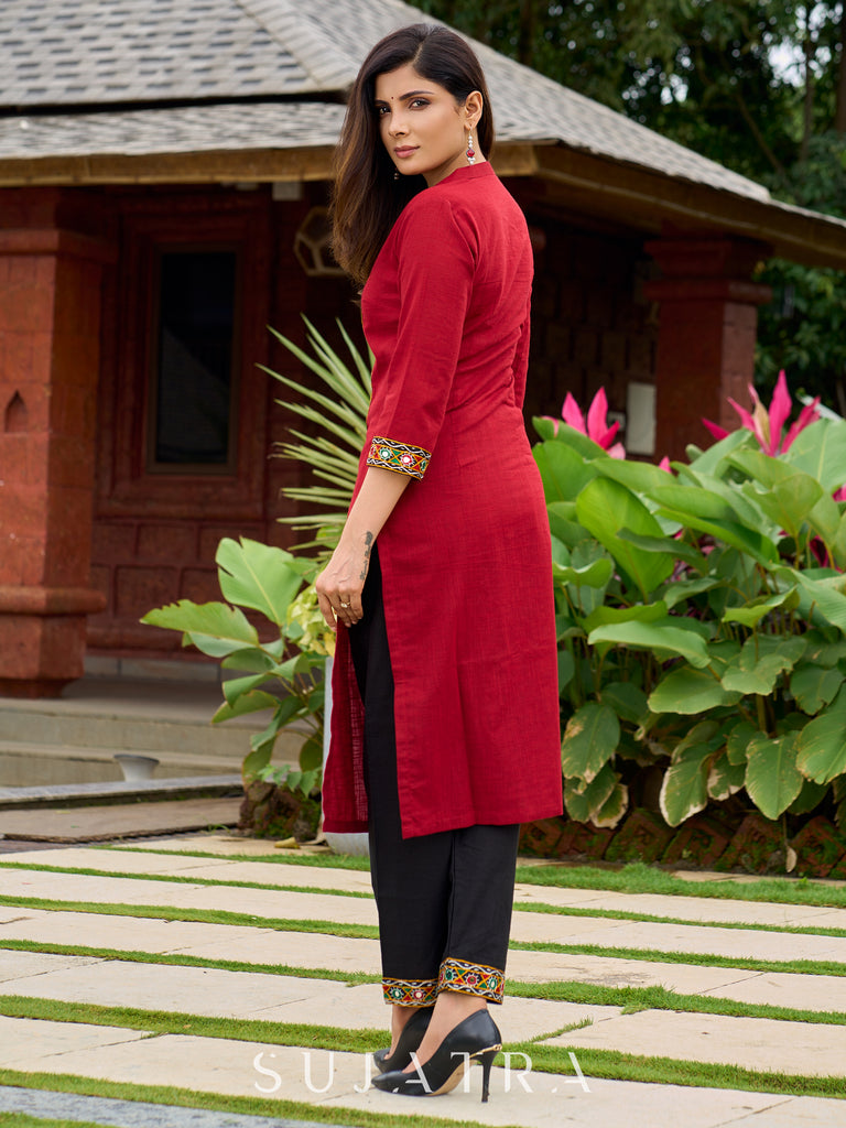 Beautiful maroon cotton kurta highlighted with traditional Kutch mirror embroidery-pant optional