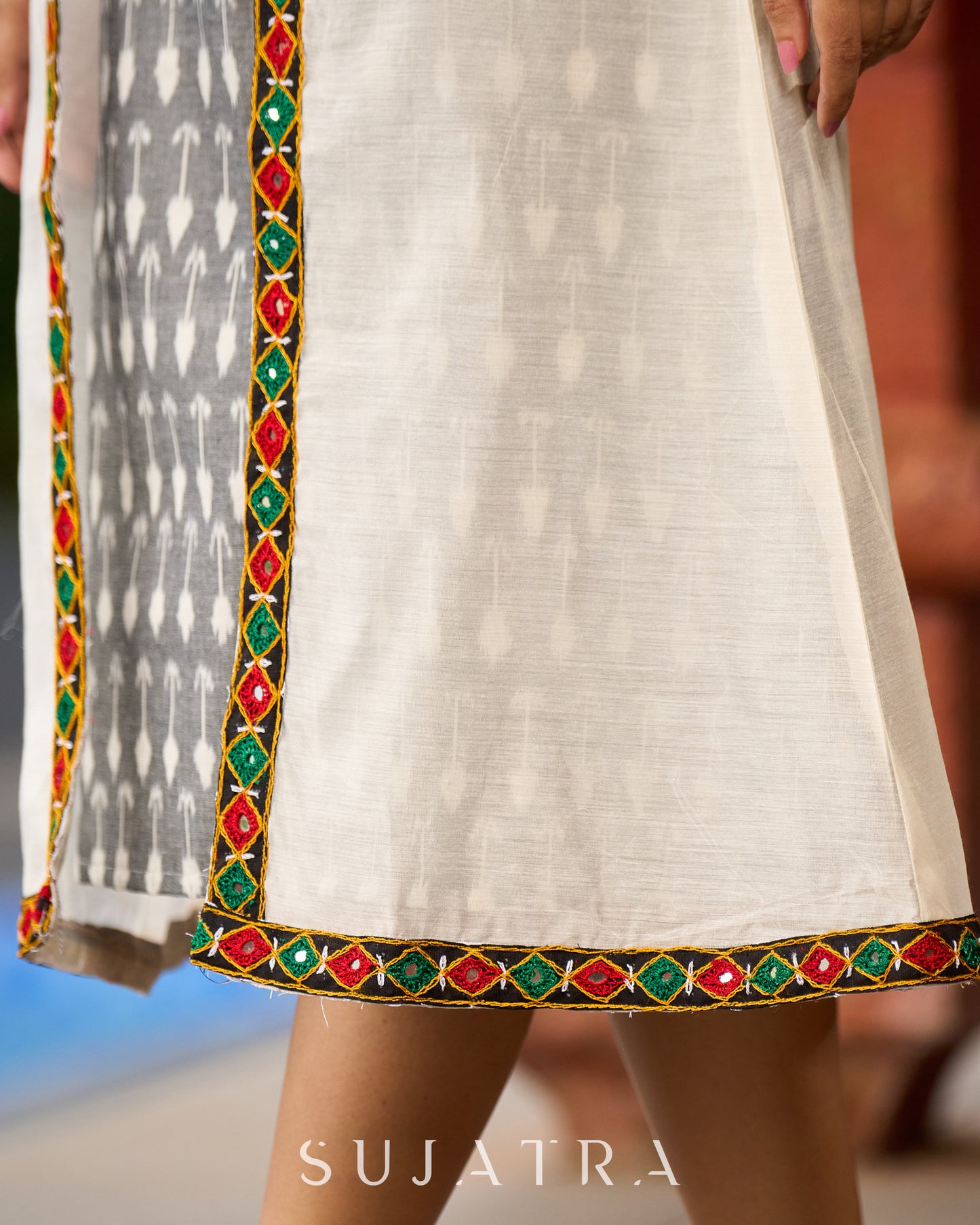 Minimalist Grey Ikat Sleeveless Dress - Mirror Work Jacket Additional