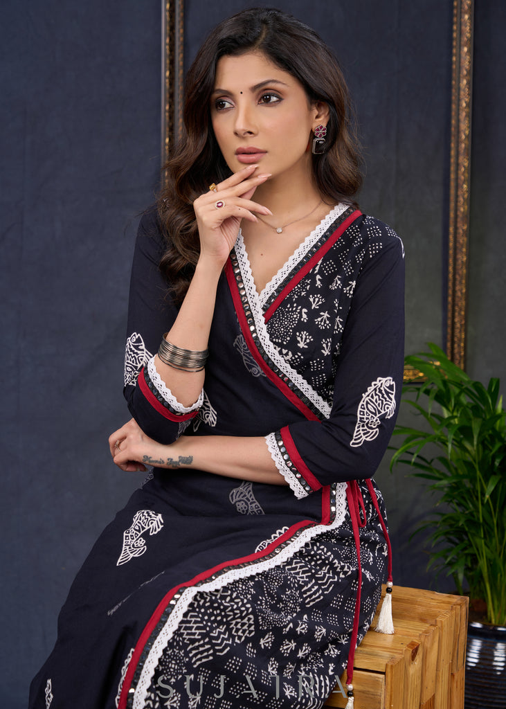 Exclusive-Black-Cotton-Natural-Print-A-Line-Kurta-Highlighted-With-Contrast-Laces--Pant-Optional
