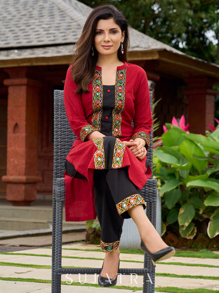 Beautiful maroon cotton kurta highlighted with traditional Kutch mirror embroidery-pant optional