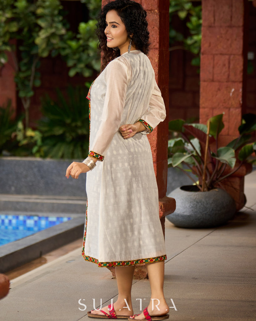 Minimalist Grey Ikat Sleeveless Dress - Mirror Work Jacket Additional