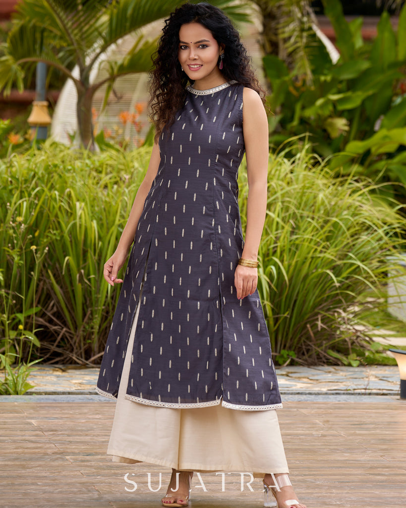 Smoky Grey High-Slit Kurta in Self-Woven Cotton Silk - Double Flared Pant Additional