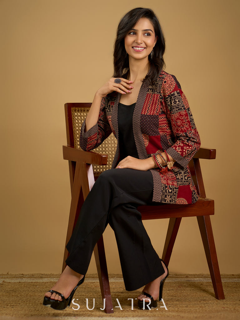 Handcrafted Ajrakh patchwork cotton jacket with cotton slub inner.