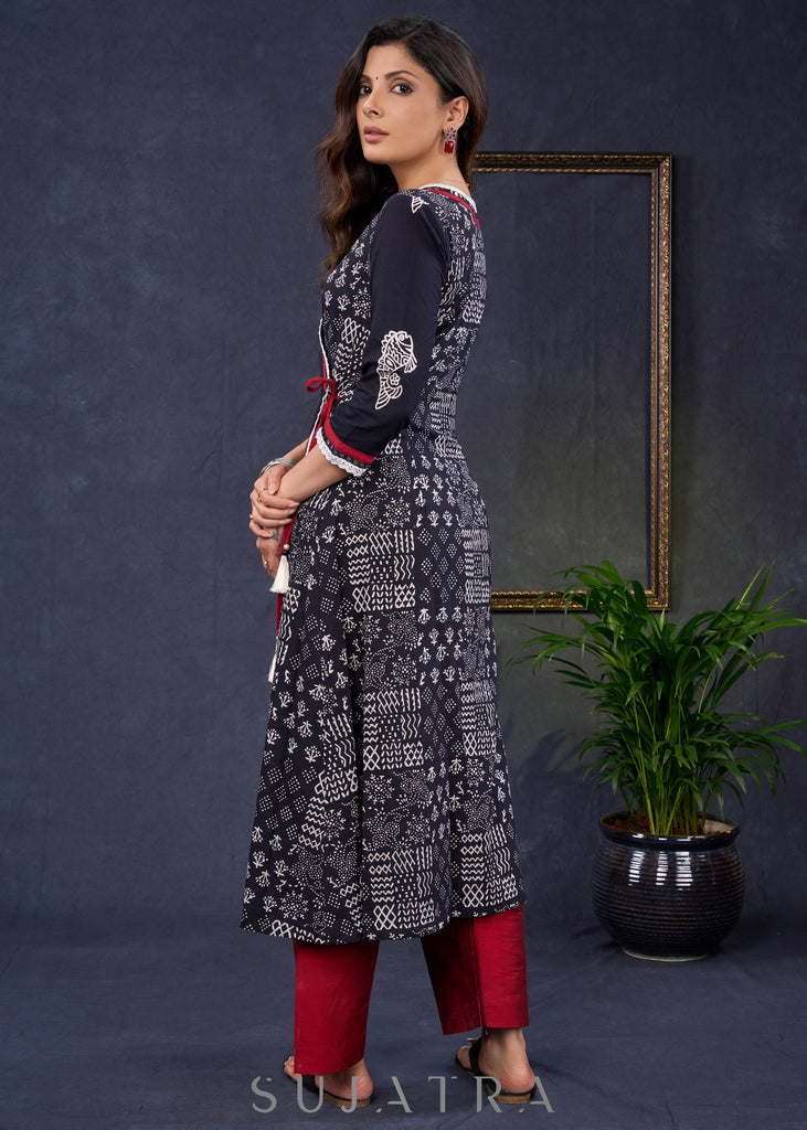 Exclusive-Black-Cotton-Natural-Print-A-Line-Kurta-Highlighted-With-Contrast-Laces--Pant-Optional