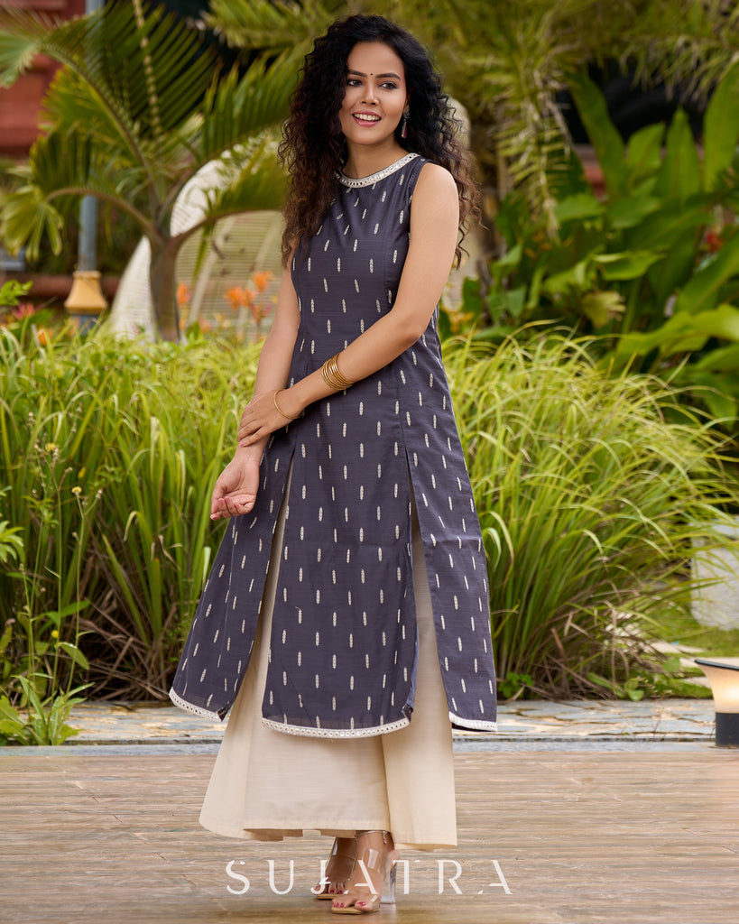 Smoky Grey High-Slit Kurta in Self-Woven Cotton Silk - Double Flared Pant Additional