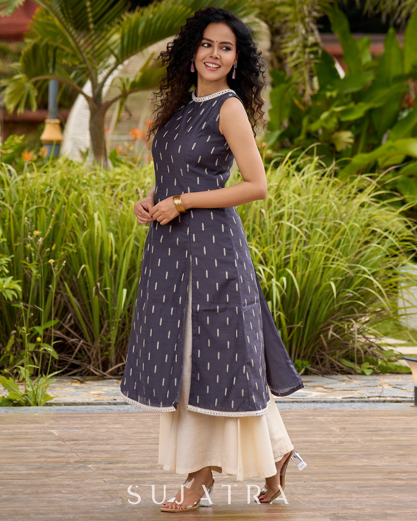 Smoky Grey High-Slit Kurta in Self-Woven Cotton Silk - Double Flared Pant Additional