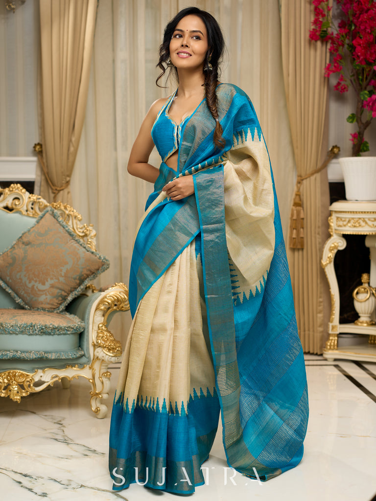 Pure Tussar silk saree in ocean blue with temple borders