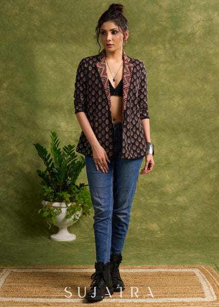 Block Printed Black Ajrakh Jacket Featuring Traditional Print And Contrasting Collar