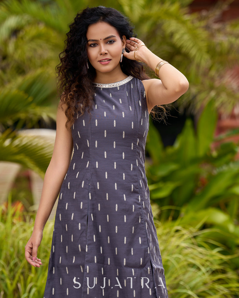 Smoky Grey High-Slit Kurta in Self-Woven Cotton Silk - Double Flared Pant Additional
