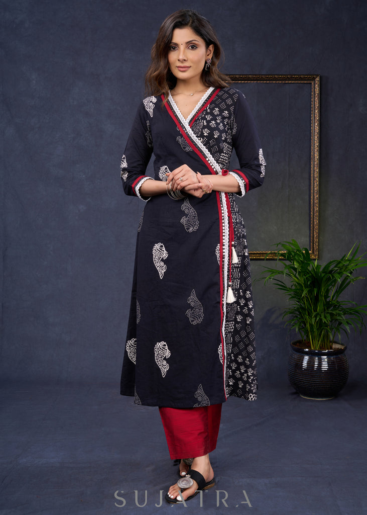 Exclusive-Black-Cotton-Natural-Print-A-Line-Kurta-Highlighted-With-Contrast-Laces--Pant-Optional