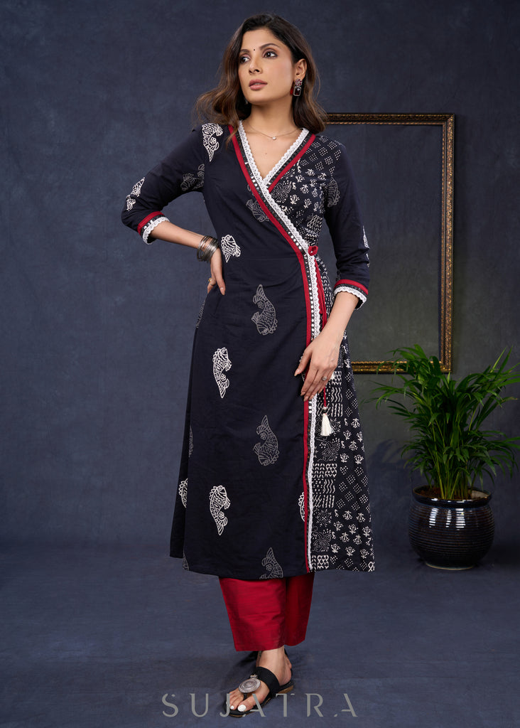 Exclusive-Black-Cotton-Natural-Print-A-Line-Kurta-Highlighted-With-Contrast-Laces--Pant-Optional