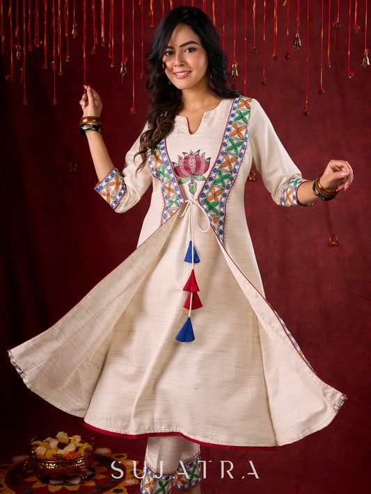Ivory Handloom Jacket-Style Kurta with Hand Painted Madhubani & Gond Detailing