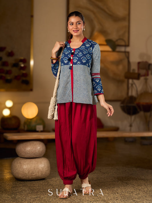 Indigo Cotton Top With Maroon Placket Detailed With Cowrie And Tassels, Finished with Collared Neckline