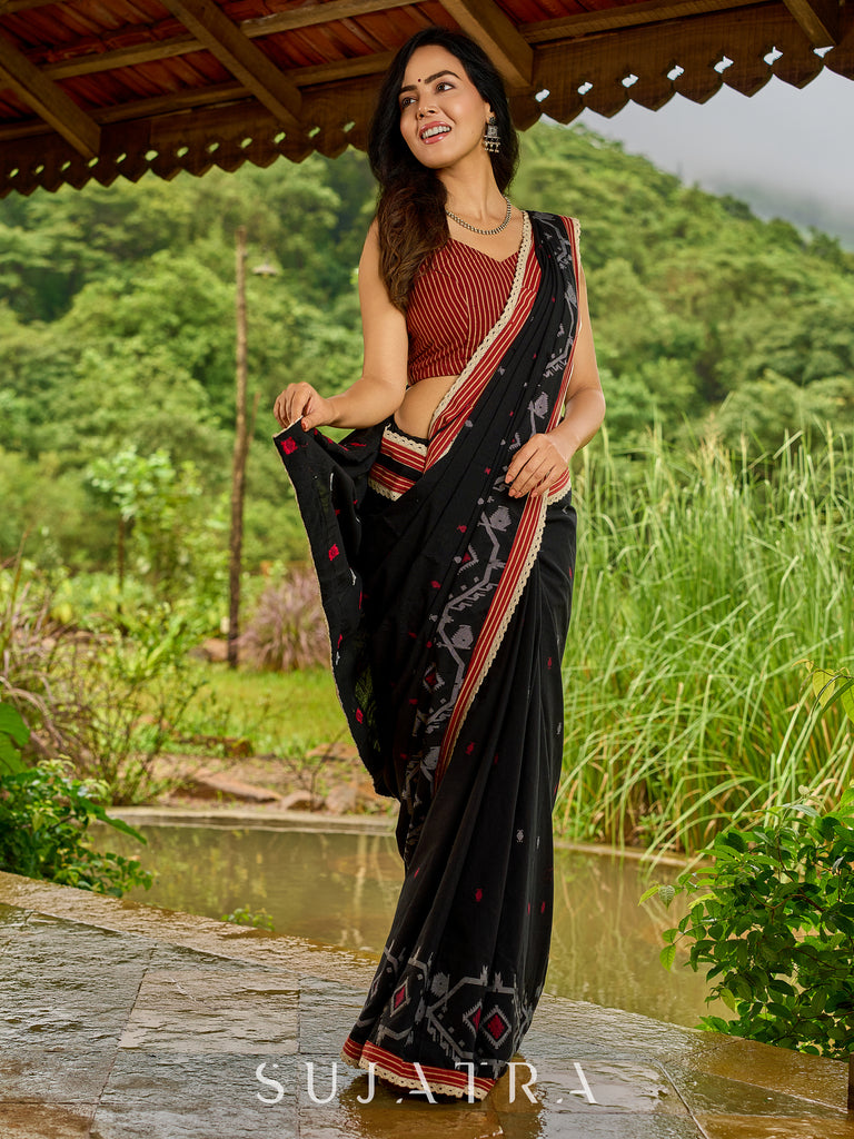 Heritage black cotton saree blending Jamdani-inspired weaves with Ajrakh elegance