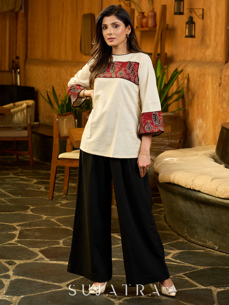 Whimsical White Cotton A-Line Top with Maroon Ajrakh Patch and Contrast Detailing