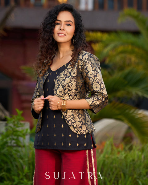 Regal Black & Golden Brocade Jacket Ensemble – with Optional Cotton Silk Butta Tunic & Cotton Silk Pants