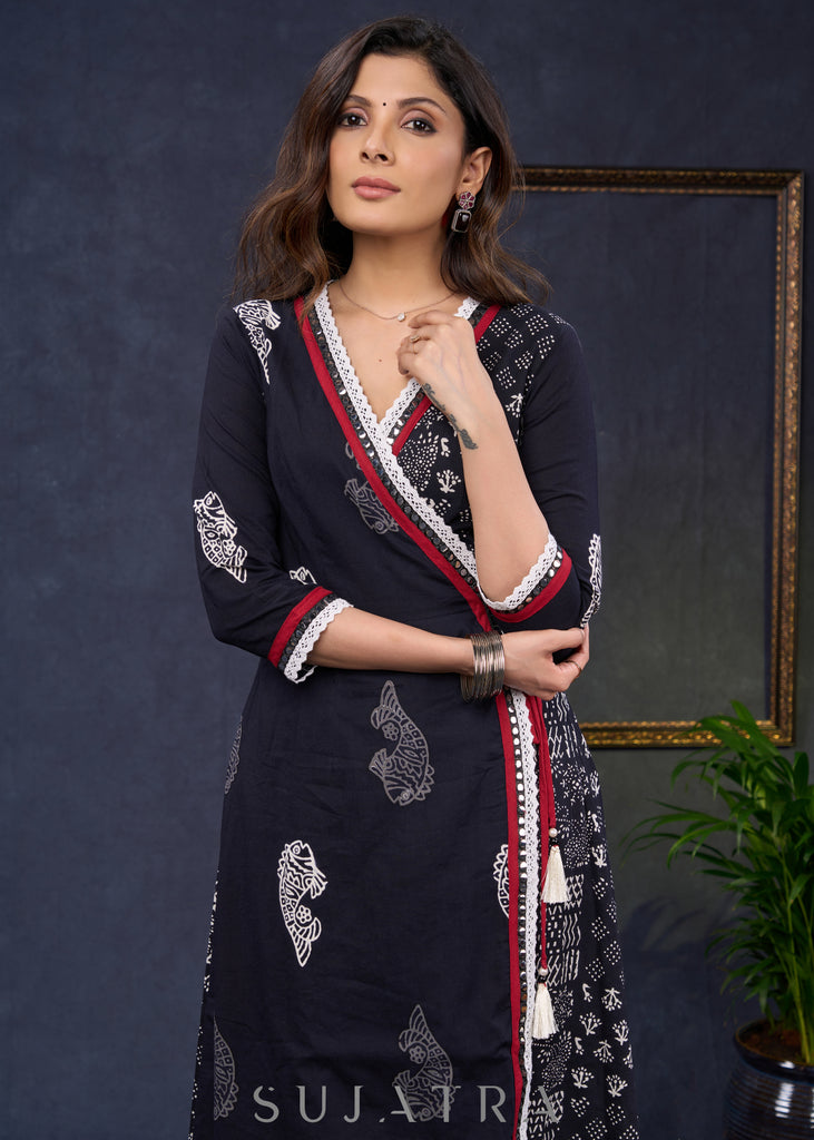 Exclusive-Black-Cotton-Natural-Print-A-Line-Kurta-Highlighted-With-Contrast-Laces--Pant-Optional