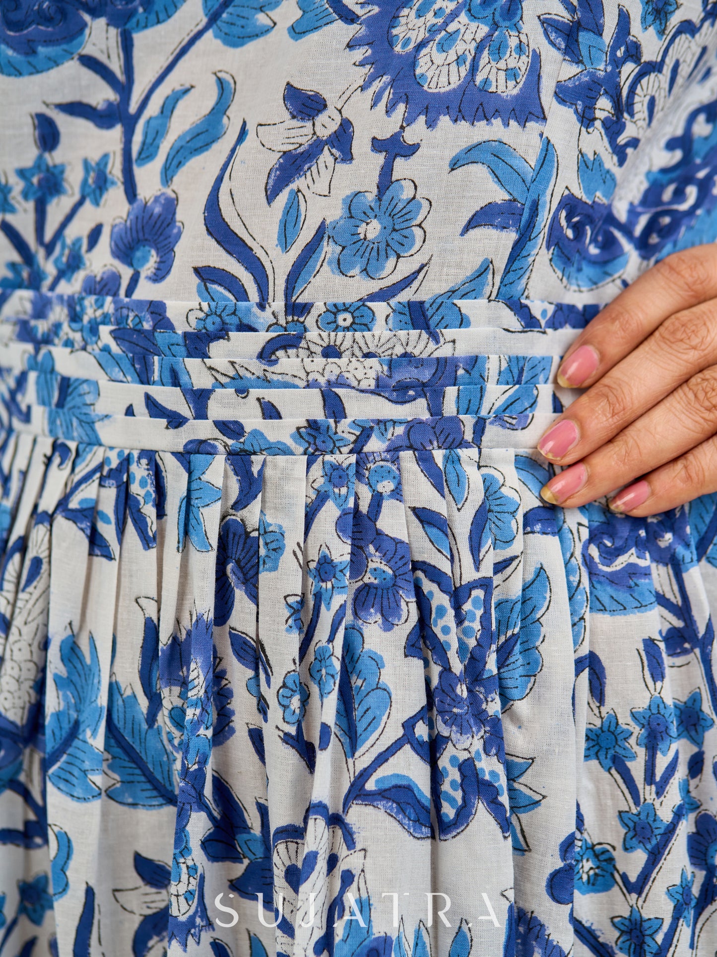 Poised White Floral Printed Dress featuring a Sweetheart Neckline, Pleated Bodice, and Crochet Lace Trims