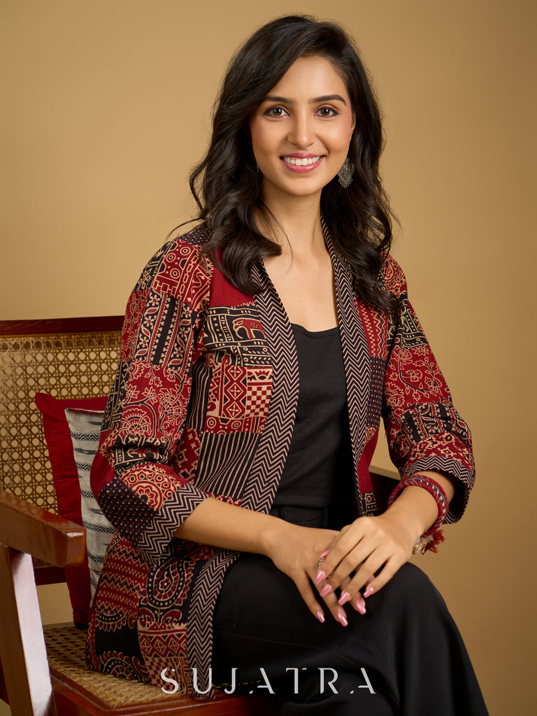 Handcrafted Ajrakh patchwork cotton jacket with cotton slub inner.