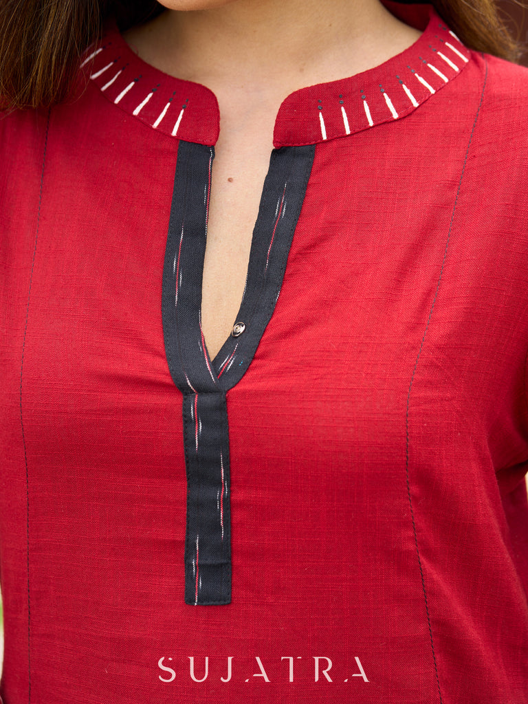 Beautiful Hand-painted marron cotton kurta blended beautifully with contrasting Ikkat combination -ikkat pant optional