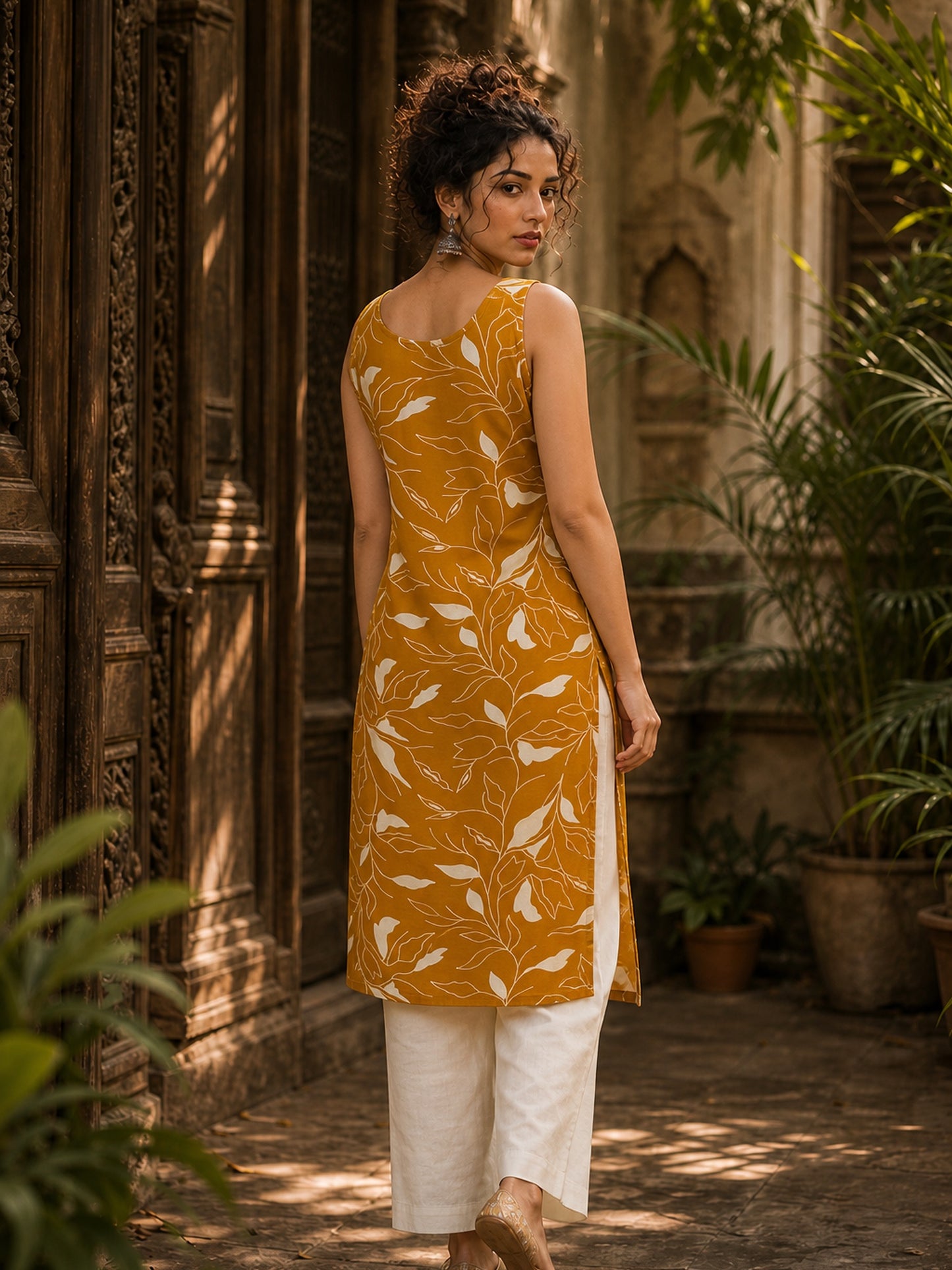 Vivid Mustard Rayon Printed Kurta with White Schiffli Asymmetric Panel