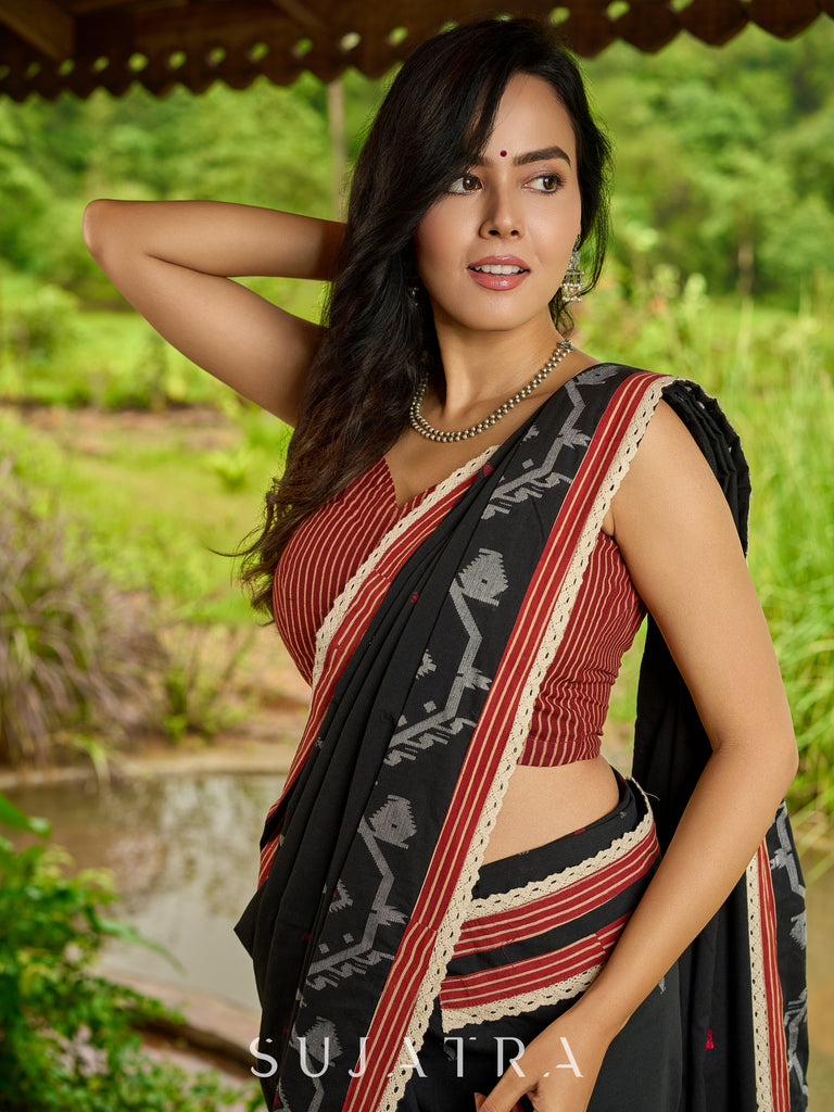 Heritage black cotton saree blending Jamdani-inspired weaves with Ajrakh elegance