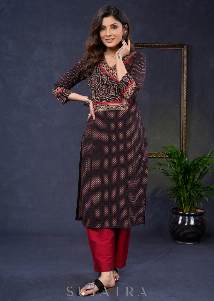 Beautiful-Black-Cotton-Ajrakh-Combination-Kurta-With-Highlighted-Ajrakh-Yoke--Pant-Optional