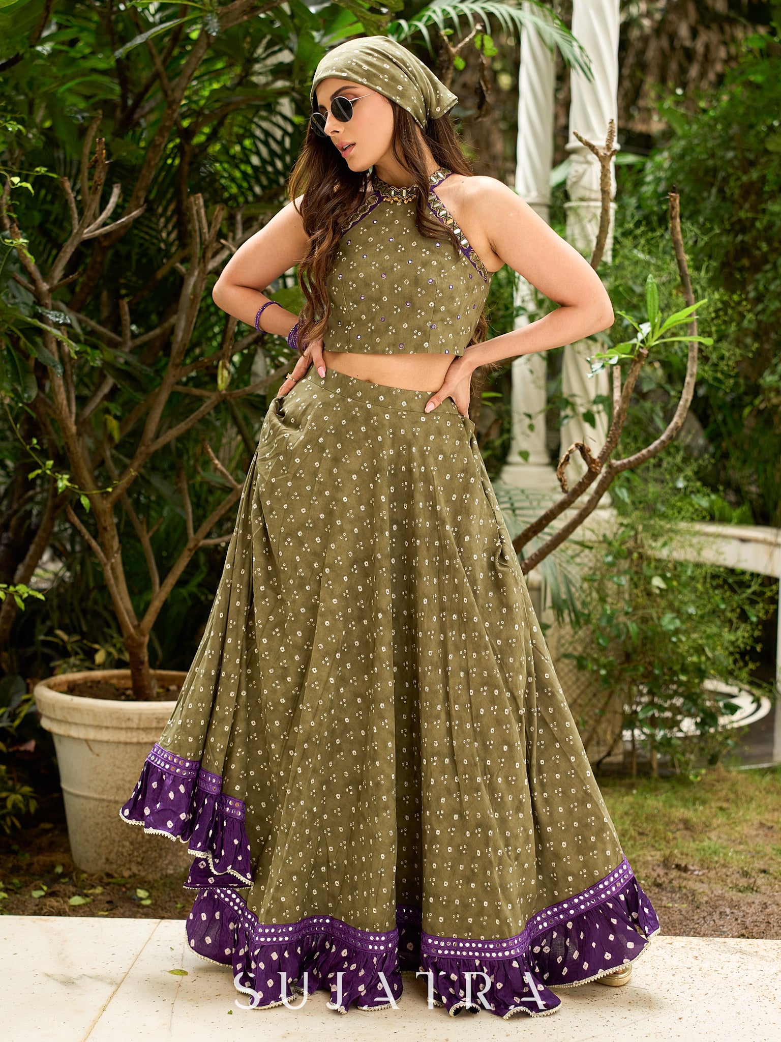 slim fit dress slacks Vibrant Mehendi green and purple bandhani lehenga paired with a mirror –  Sujatra