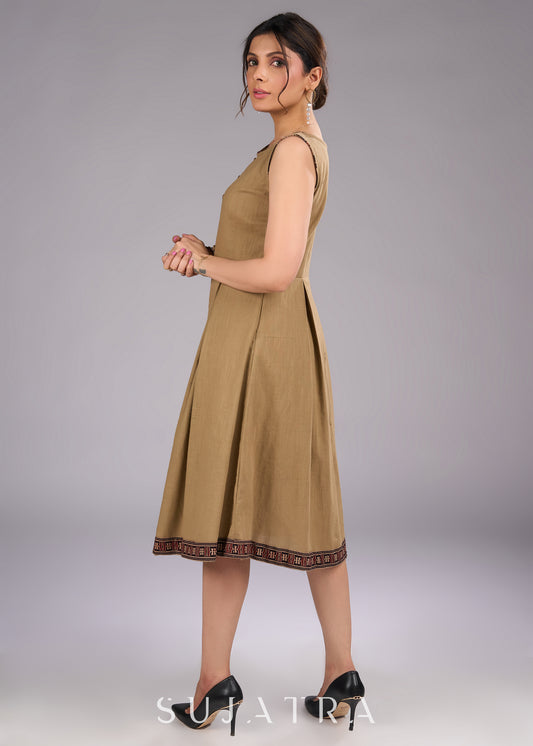 Ajrakh Adorned Biscuit Brown Cotton Sleeveless Dress - Jacket optional