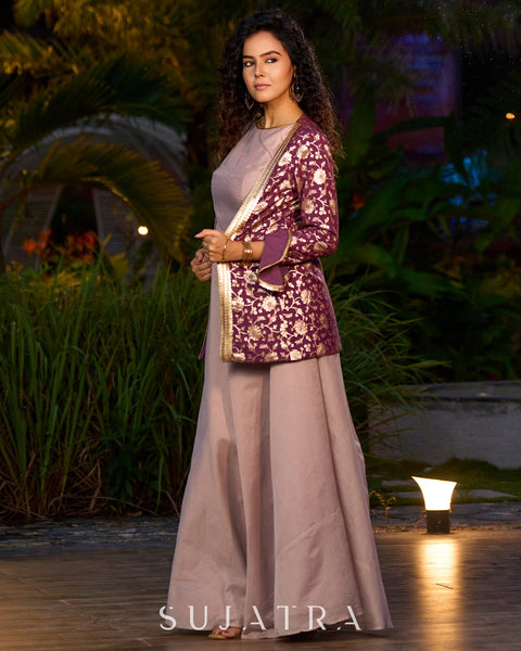 Exquisite Lavender Chanderi Princess-Cut Flared Gown with Brocade Jacket Additional