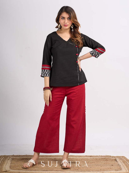 Black Cotton Wrap Pattern Top with Ikat Cuff Panels and Button Highlight