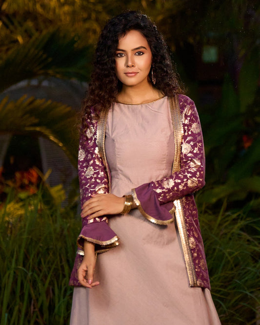 Contemporary Purple Banarasi Jacket with Statement Ruffle Sleeves - Dress Optional
