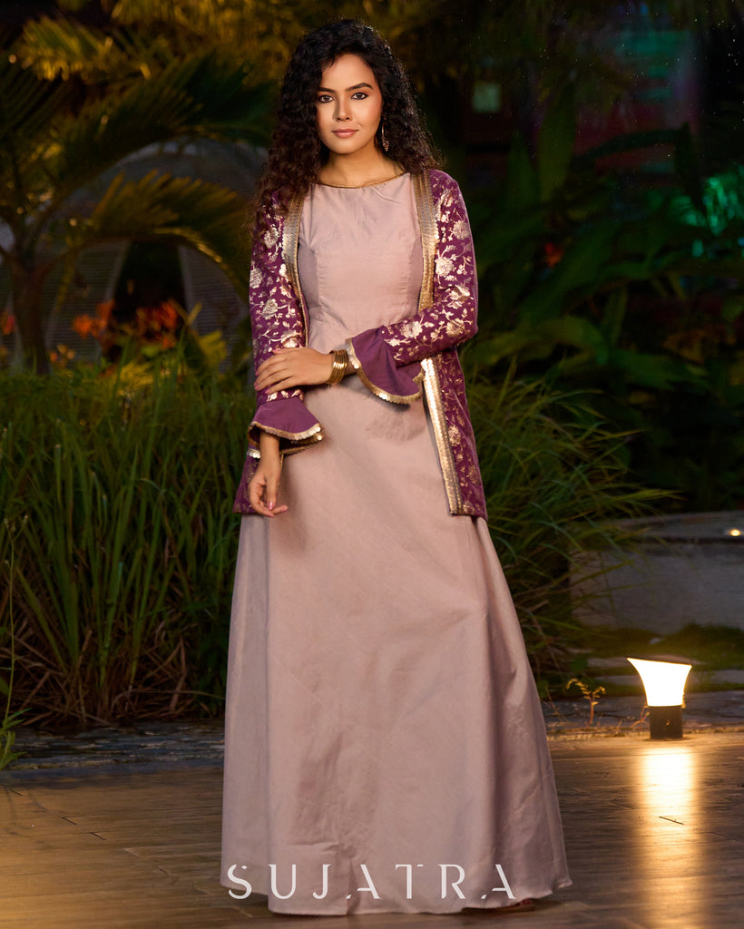 Exquisite Lavender Chanderi Princess-Cut Flared Gown with Brocade Jacket Additional