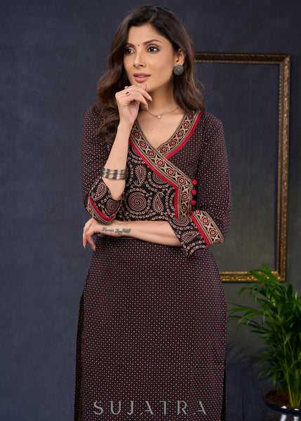 Beautiful-Black-Cotton-Ajrakh-Combination-Kurta-With-Highlighted-Ajrakh-Yoke--Pant-Optional