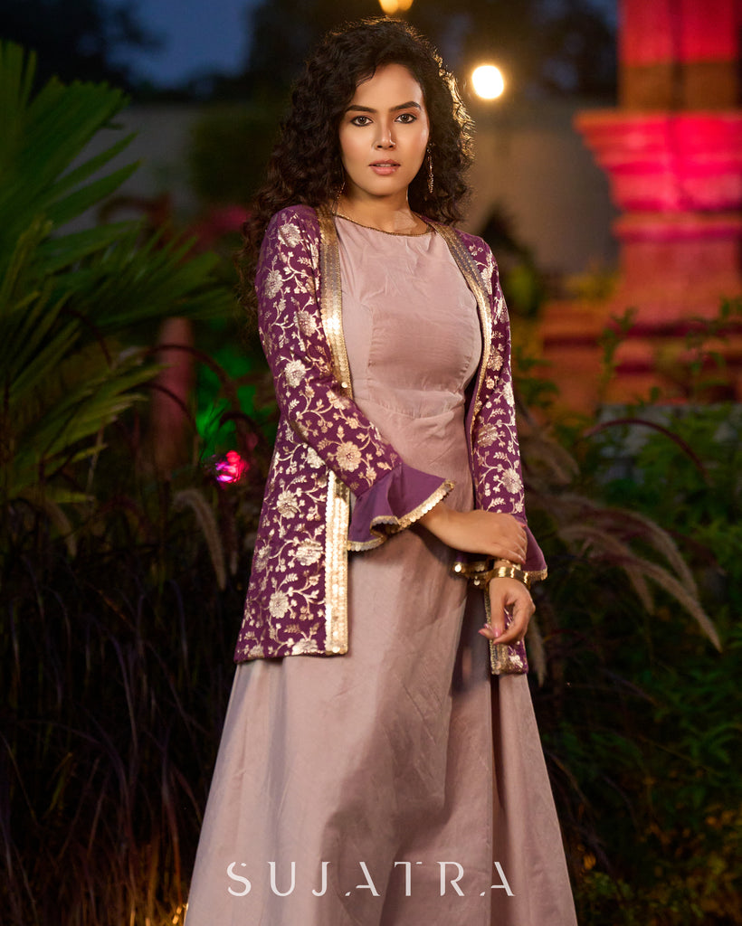Exquisite Lavender Chanderi Princess-Cut Flared Gown with Brocade Jacket Additional