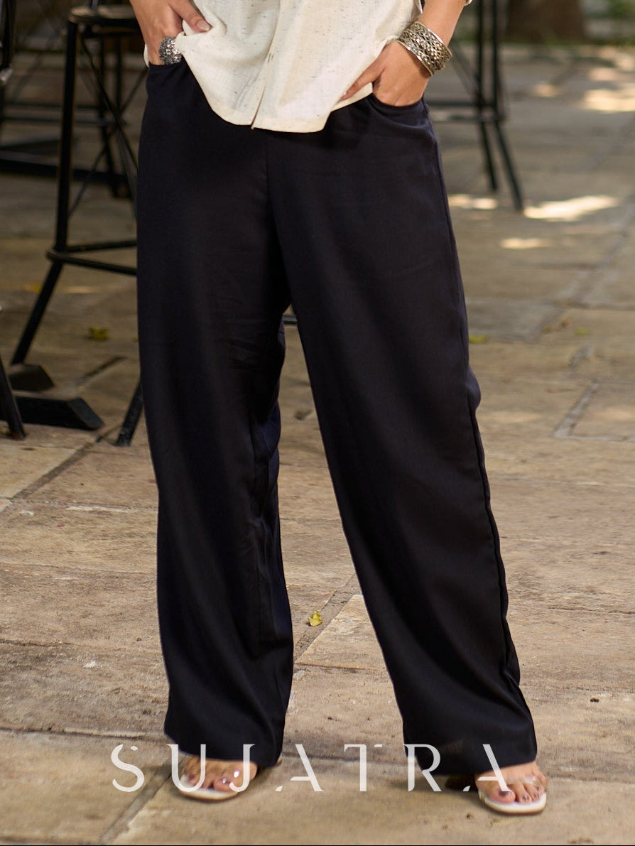 Black Rayon High-Waist Straight Pant