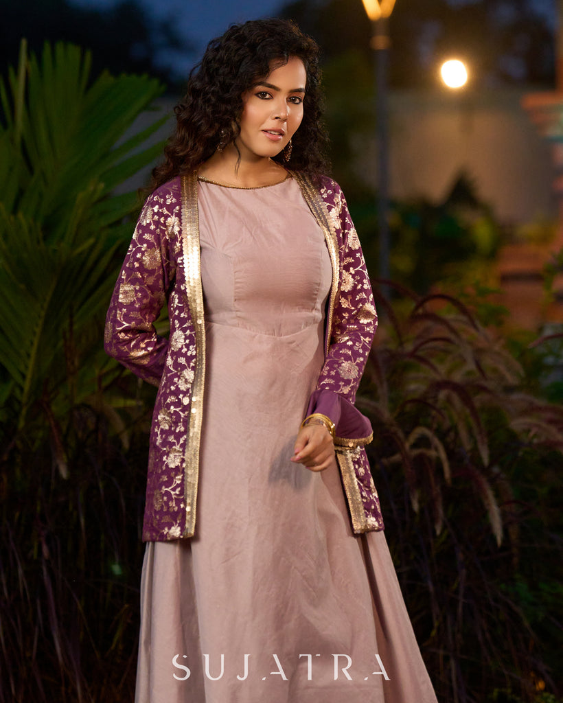 Exquisite Lavender Chanderi Princess-Cut Flared Gown with Brocade Jacket Additional