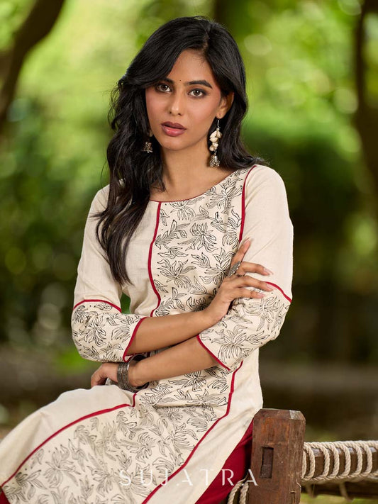 Refined Off-White Cotton Flex Kurta with Statement Floral Panel Hand Block Print and Maroon Accents