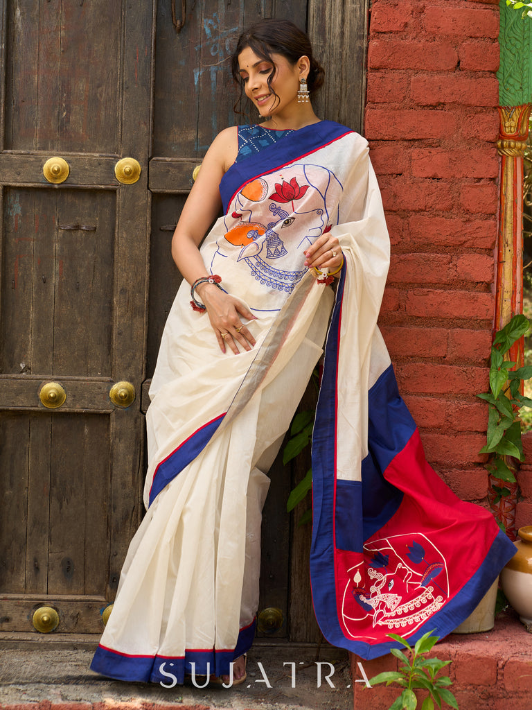 Hand-painted Pichwai inspired elegance on ivory chanderi saree