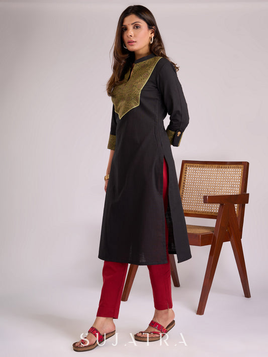 Timeless Black Cotton Kurta with Striking Green Ajrakh Yoke & Cuff Detailing