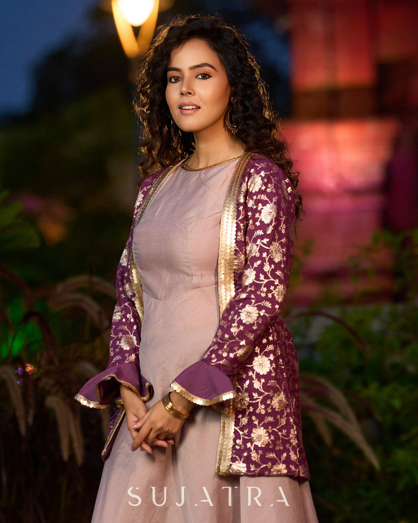 Exquisite Lavender Chanderi Princess-Cut Flared Gown with Brocade Jacket Additional