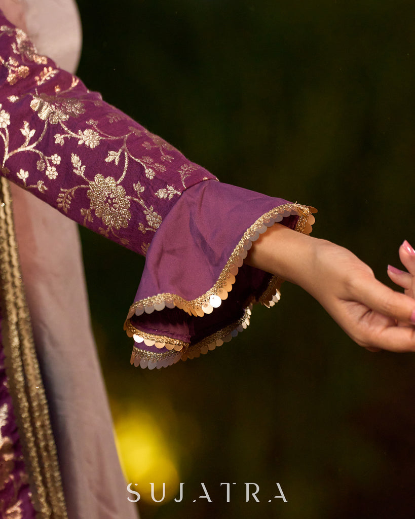 Exquisite Lavender Chanderi Princess-Cut Flared Gown with Brocade Jacket Additional